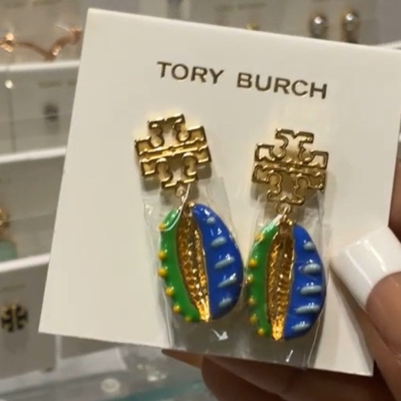 NWT Tory Burch Gold and Blue Earrings - Picture 2 of 2